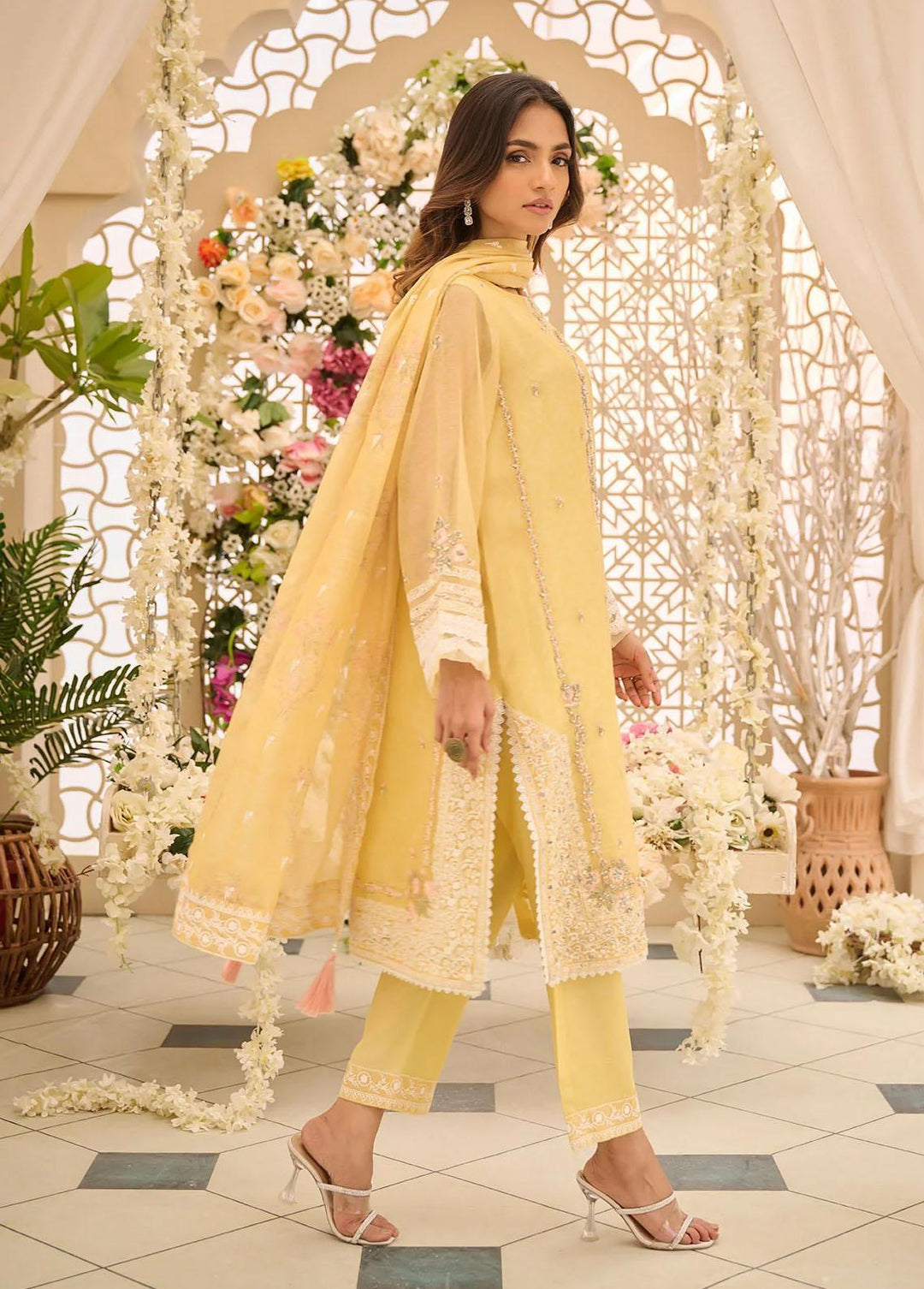 Dhanak Pret Embroidered Khaadi Net 3 Piece Suit DL-0268 YELLOW