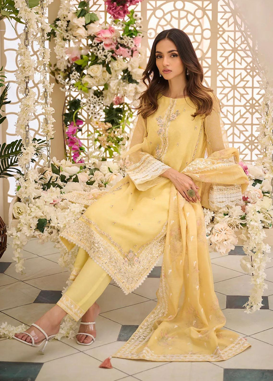 Dhanak Pret Embroidered Khaadi Net 3 Piece Suit DL-0268 YELLOW