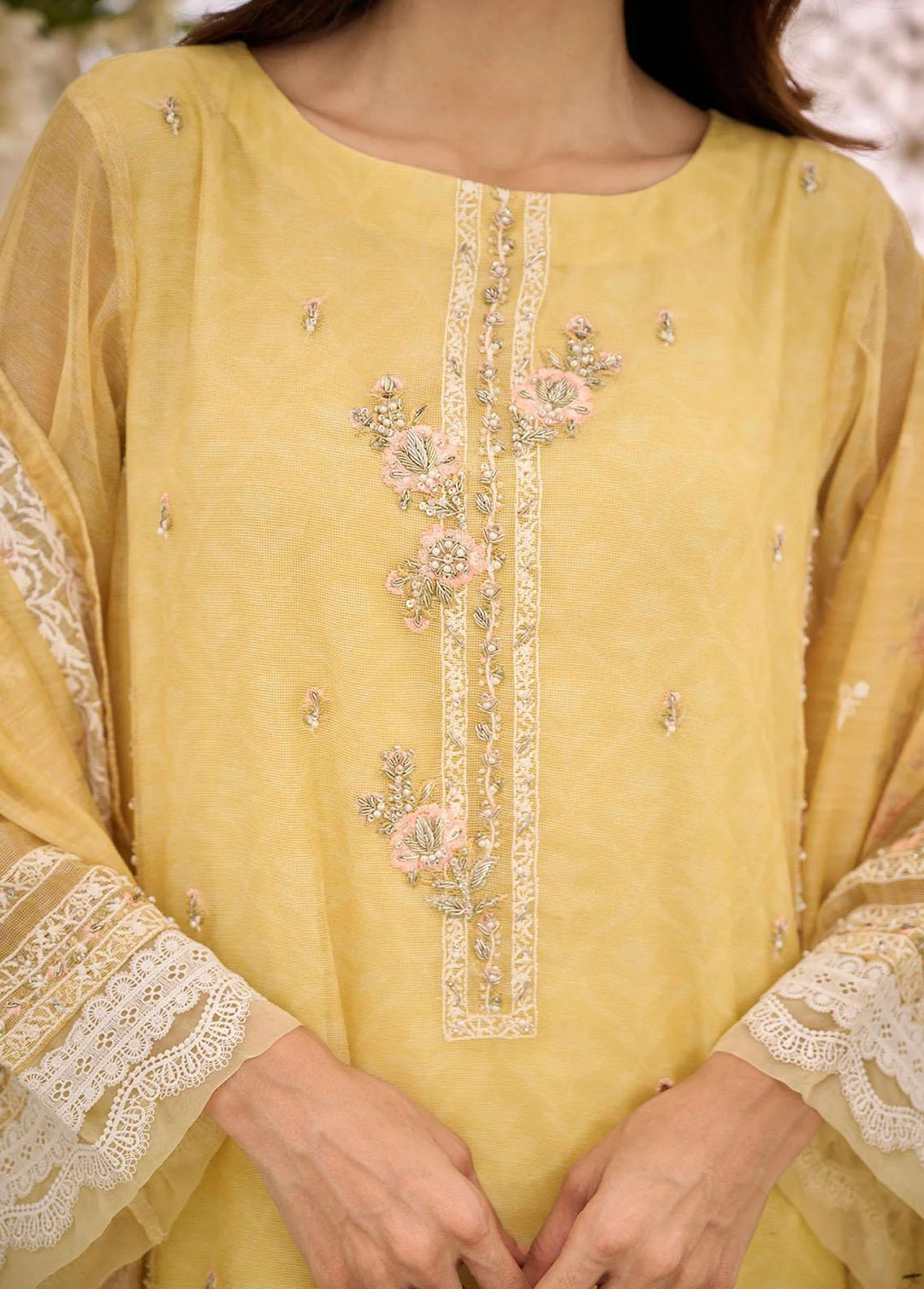 Dhanak Pret Embroidered Khaadi Net 3 Piece Suit DL-0268 YELLOW