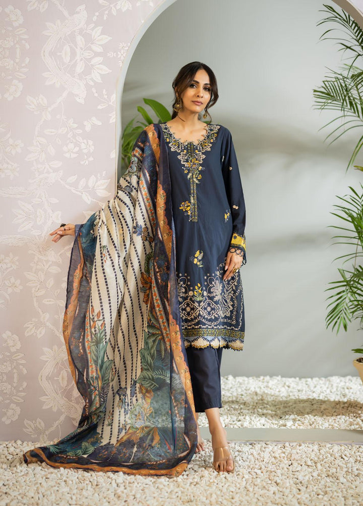 Dhanak Embroidered Cotton Suits Unstitched 3 Piece DU-3097 NAVY BLUE - Luxury Signature Collection