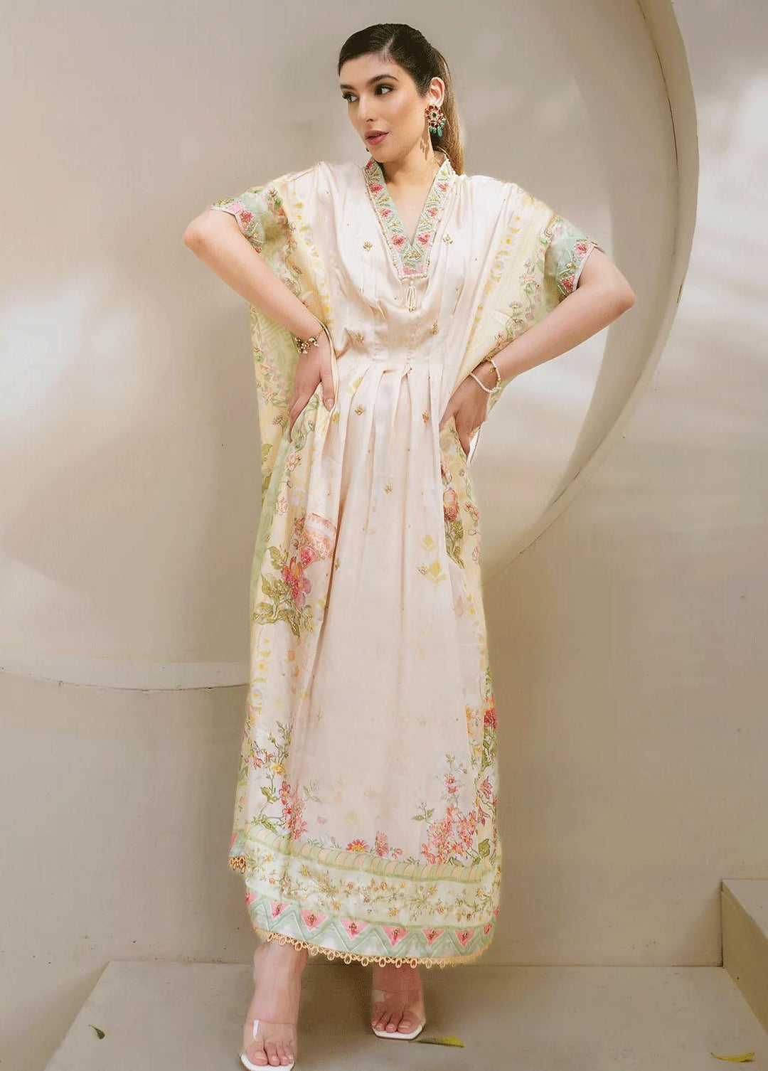 Dhanak Pret Embroidered Silk Kaftan DC-2244 OFF-WHITE