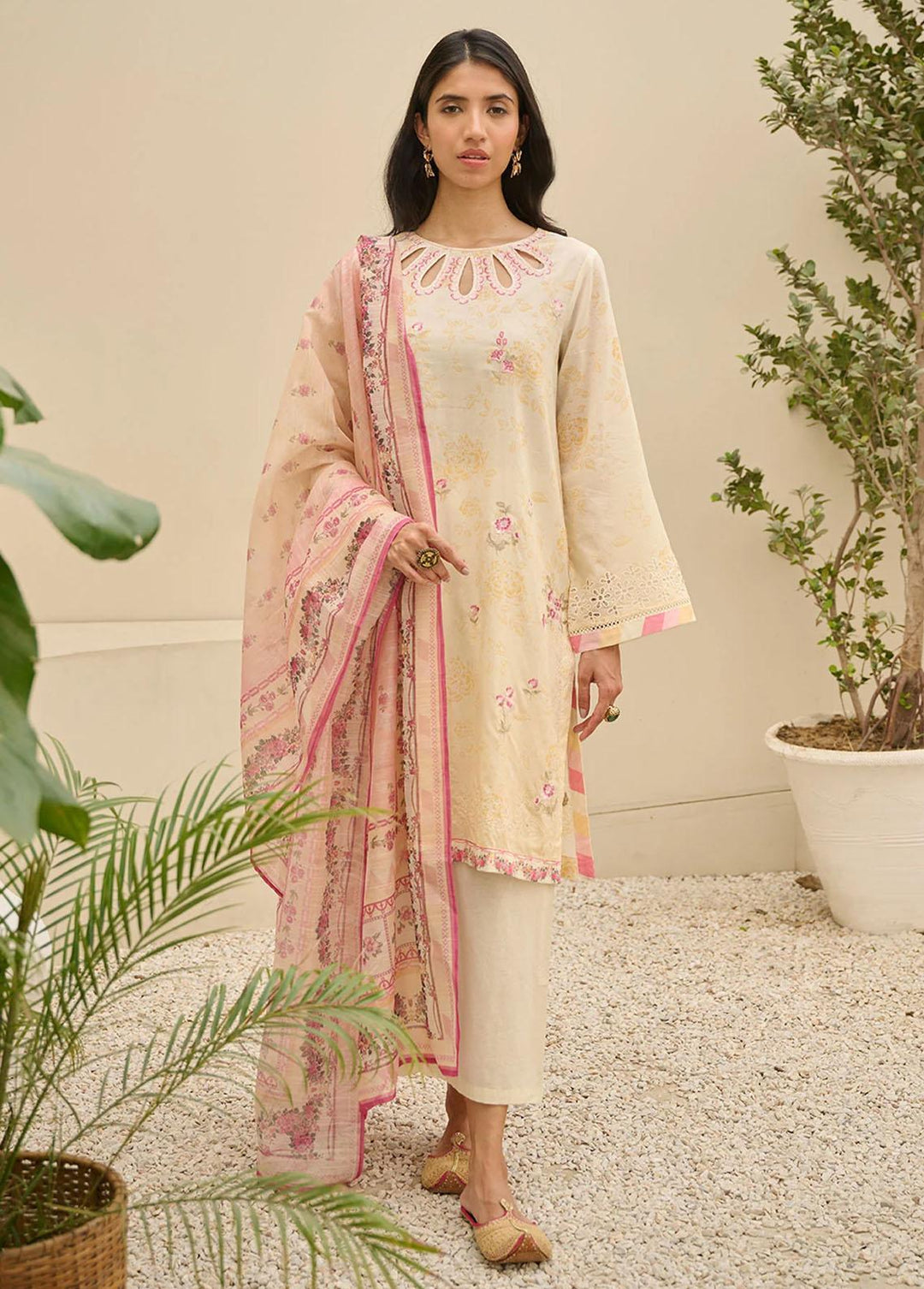 Summer Basics By Dhanak Embroidered Lawn Suits Unstitched 3 Piece DHK23SB DU-3145 CREAM-YELLOW - Summer Collection