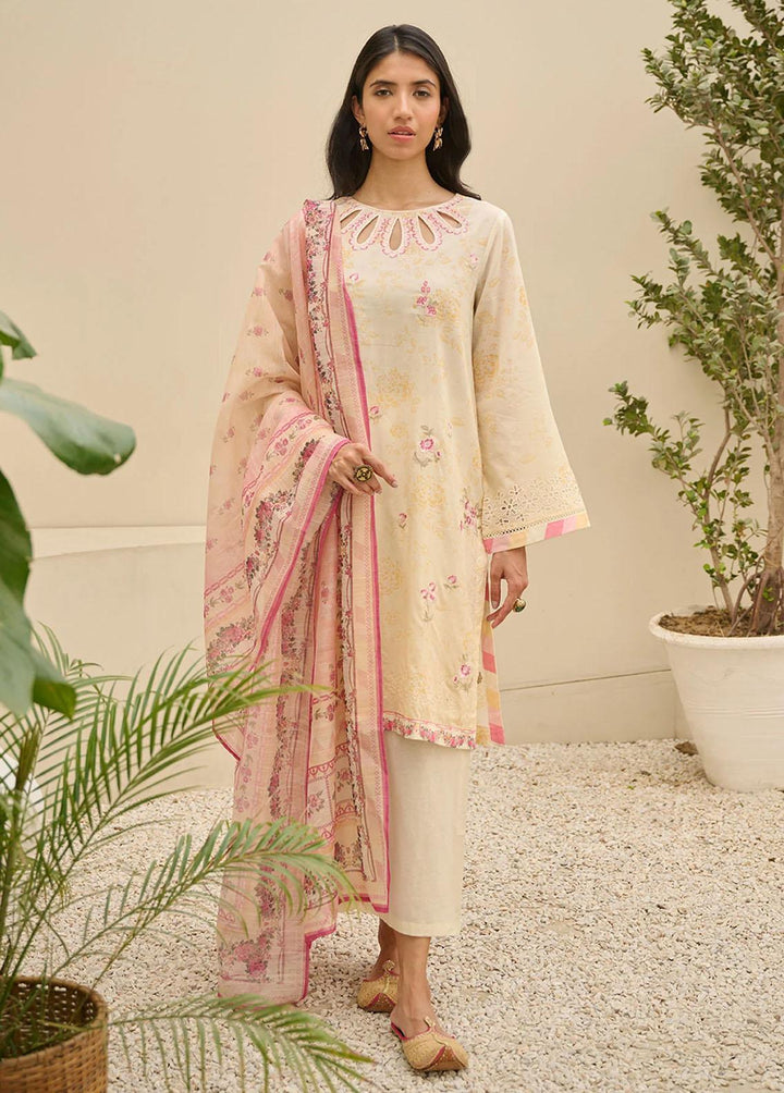 Summer Basics By Dhanak Embroidered Lawn Suits Unstitched 3 Piece DHK23SB DU-3145 CREAM-YELLOW - Summer Collection