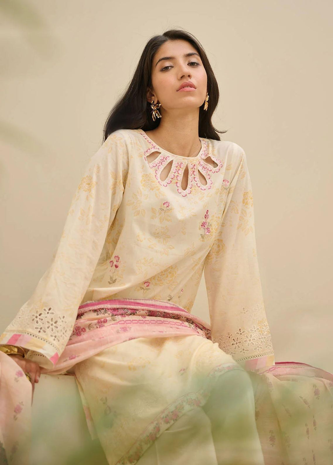 Summer Basics By Dhanak Embroidered Lawn Suits Unstitched 3 Piece DHK23SB DU-3145 CREAM-YELLOW - Summer Collection
