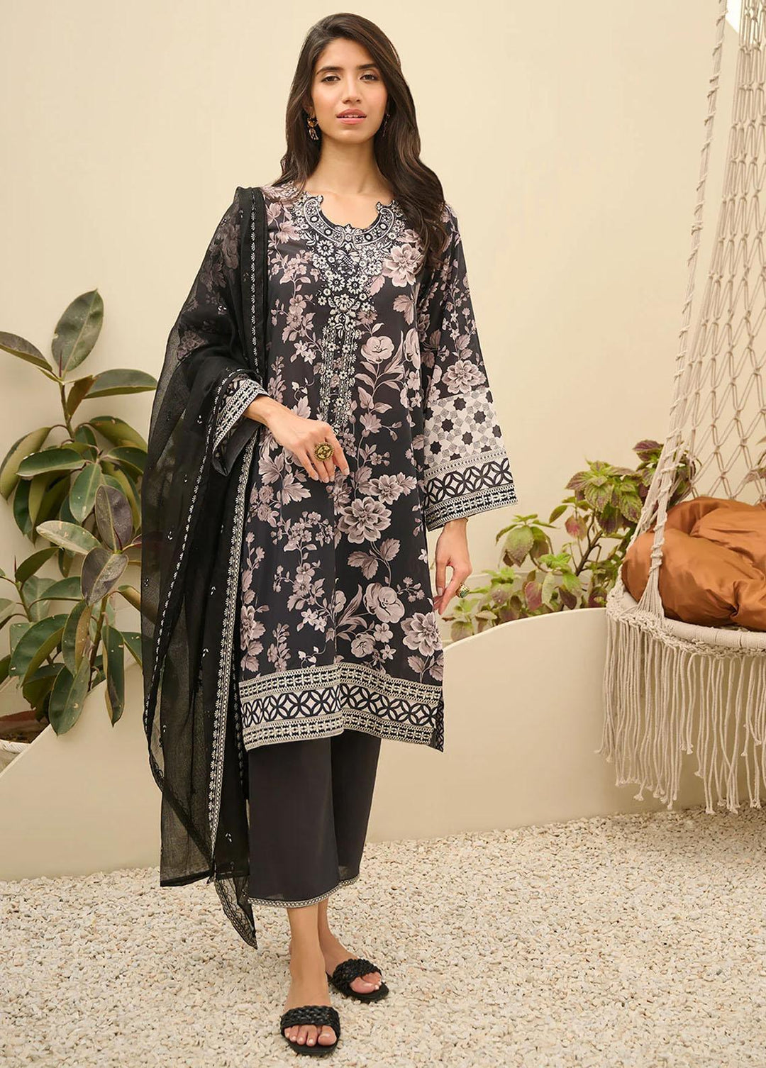 Summer Basics By Dhanak Embroidered Lawn Suits Unstitched 3 Piece DHK23SB DU-3147 BLACK - Summer Collection