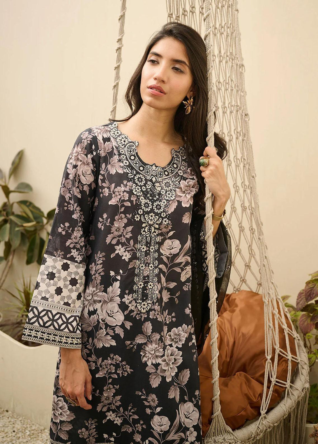 Summer Basics By Dhanak Embroidered Lawn Suits Unstitched 3 Piece DHK23SB DU-3147 BLACK - Summer Collection