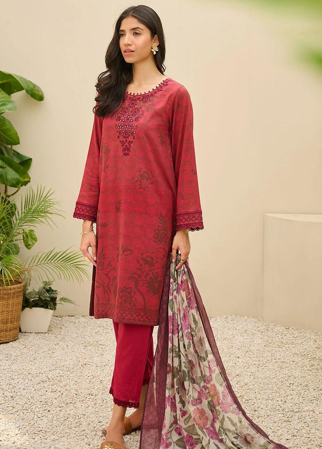 Summer Basics By Dhanak Embroidered Lawn Suits Unstitched 3 Piece DHK23SB DU-3152 REDISH-PLUM - Summer Collection