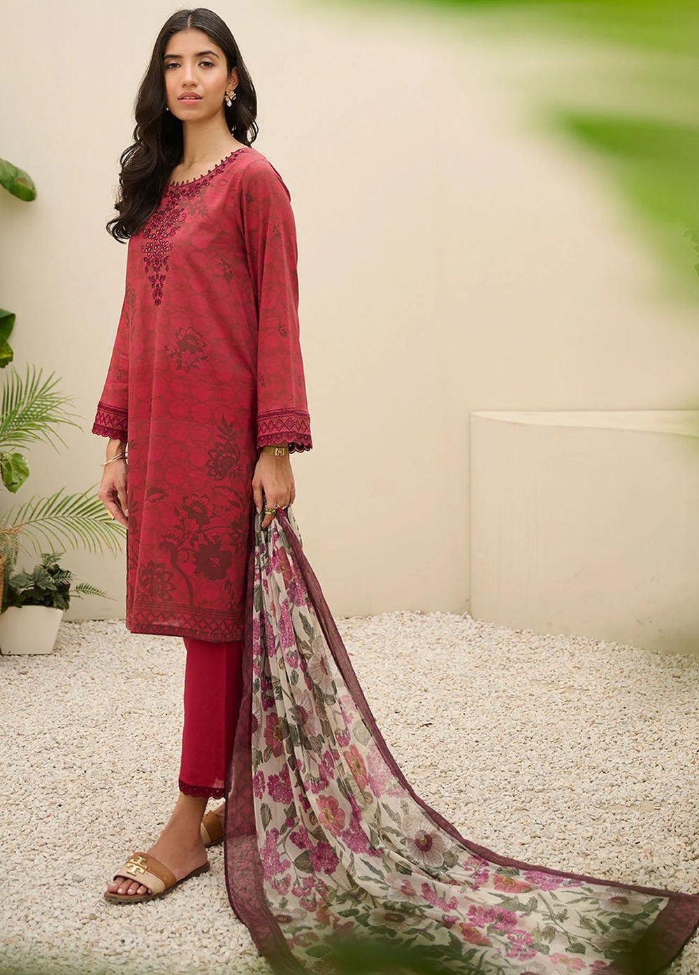 Summer Basics By Dhanak Embroidered Lawn Suits Unstitched 3 Piece DHK23SB DU-3152 REDISH-PLUM - Summer Collection