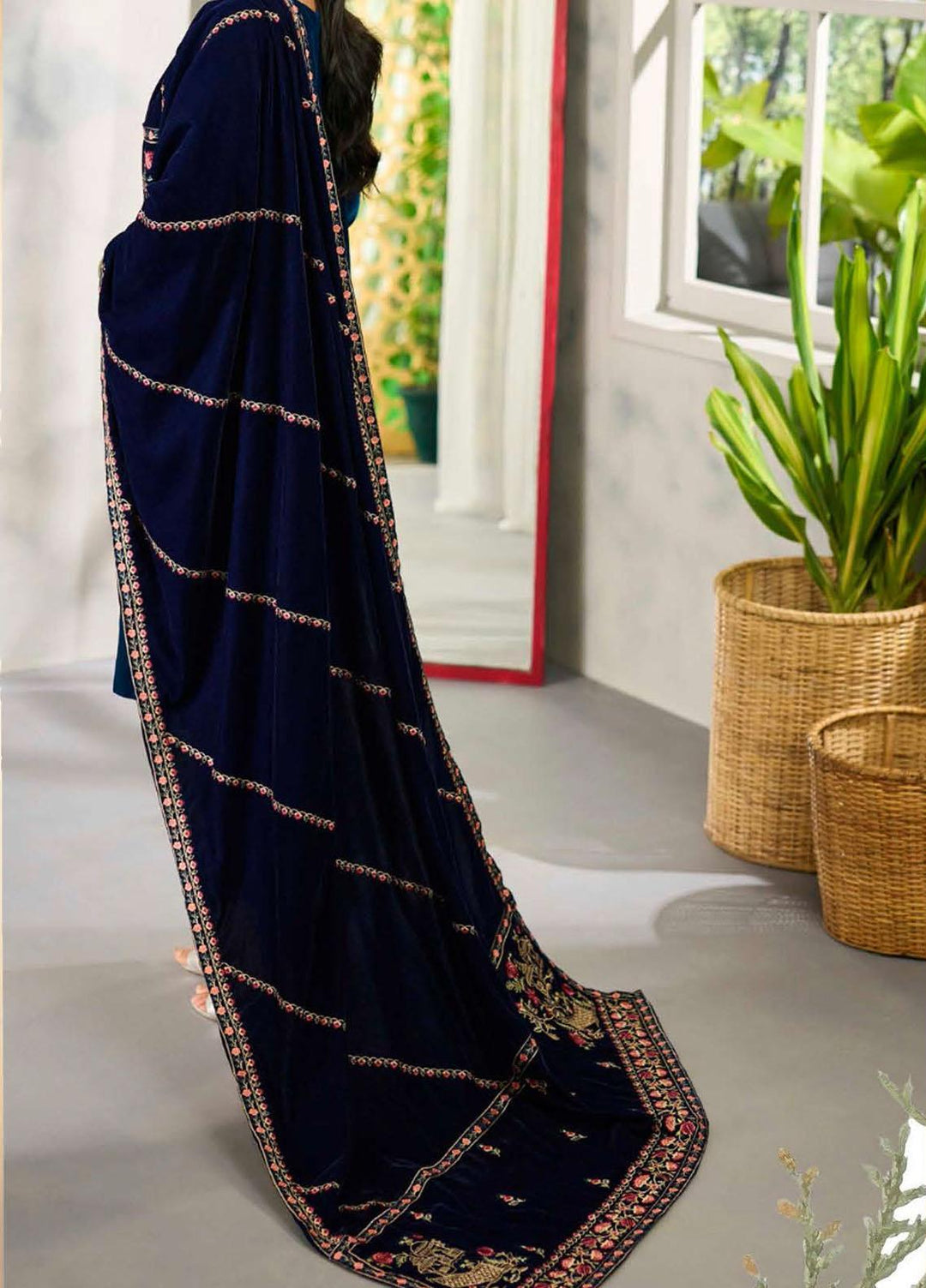 Dhanak Embroidered Velvet  Shawls DD-0882 BLUE - Velvet Shawls