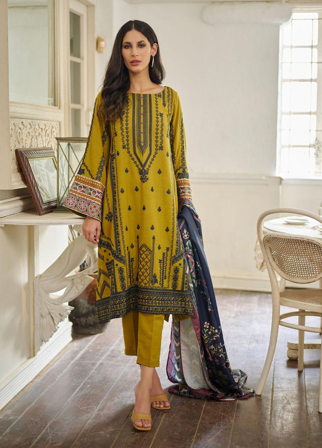 Dhanak Embroidered Khaddar Suits Unstitched 3 Piece DU-3076 OLIVE GREEN - Festive Collection