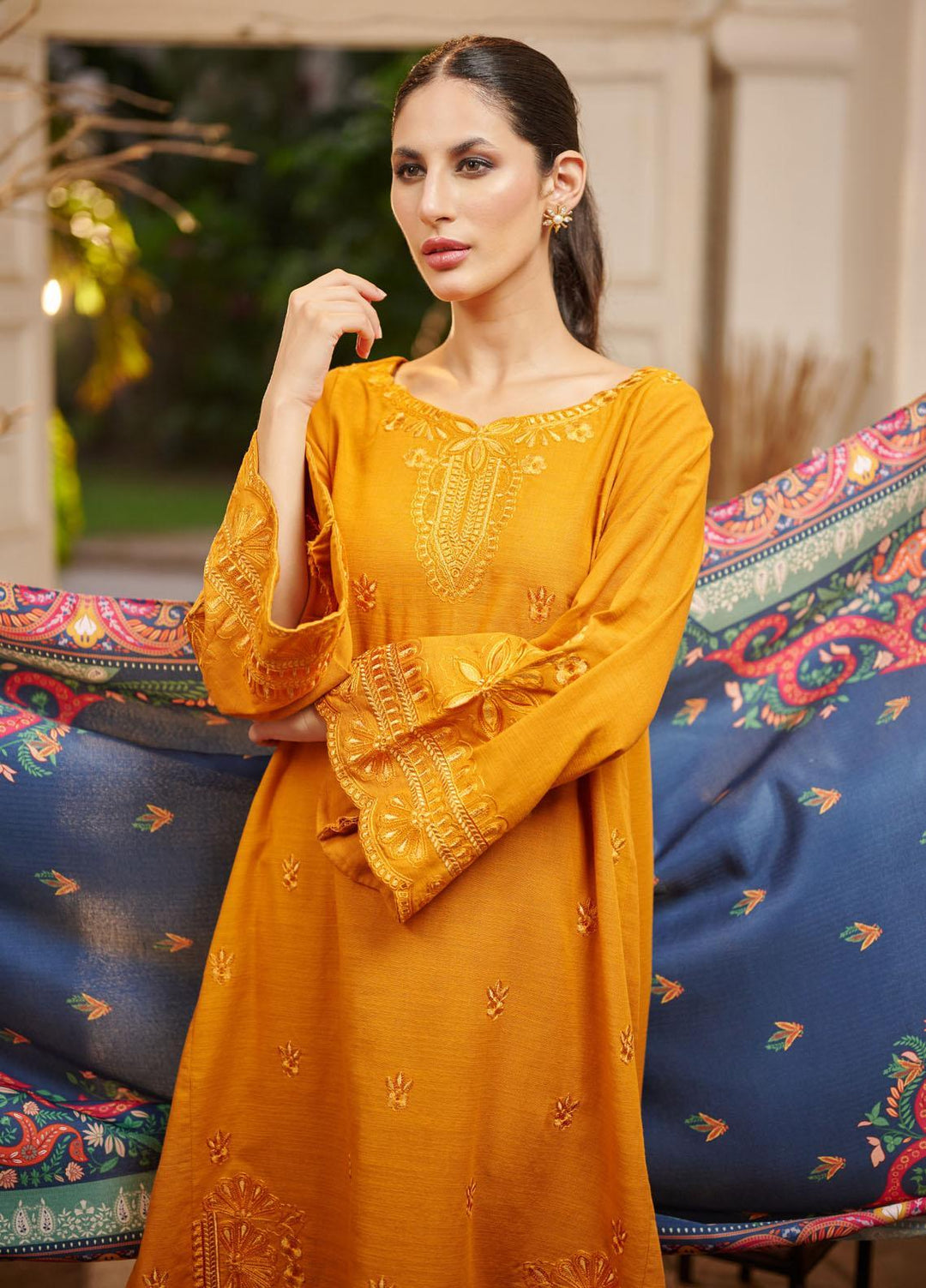 Dhanak Embroidered Khaddar Suits Unstitched 3 Piece DU-3083 ACRYLIC ORANGE - Festive Collection