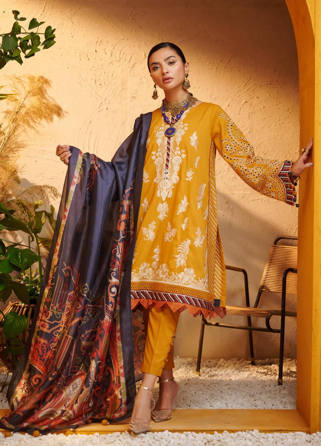 Dhanak Embroidered Lawn Suits Unstitched 3 Piece DU-3085 SUNRISE ORANGE - Luxury Collection
