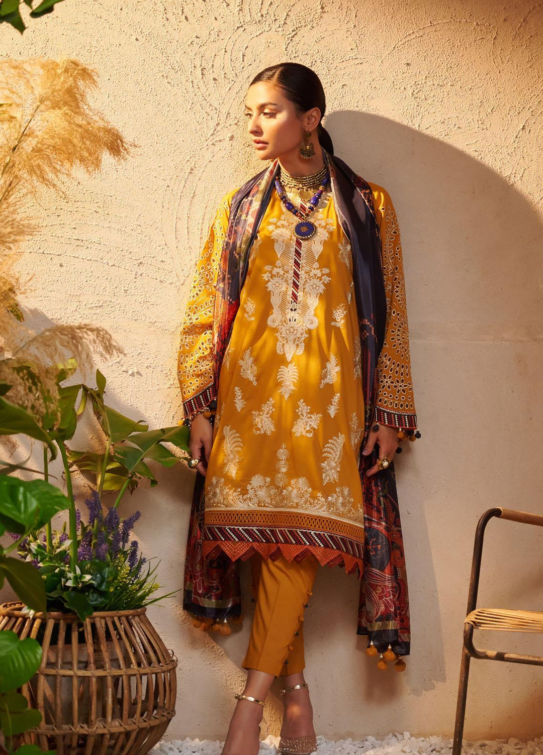 Dhanak Embroidered Lawn Suits Unstitched 3 Piece DU-3085 SUNRISE ORANGE - Luxury Collection