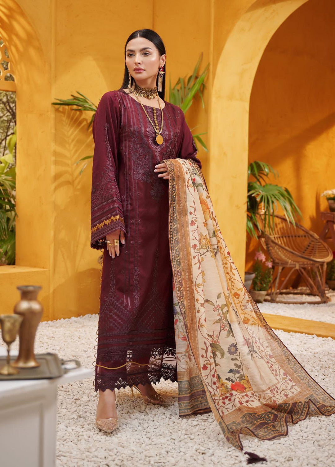 Dhanak Embroidered Lawn Suits Unstitched 3 Piece DU-3091 MAROON - Luxury Collection