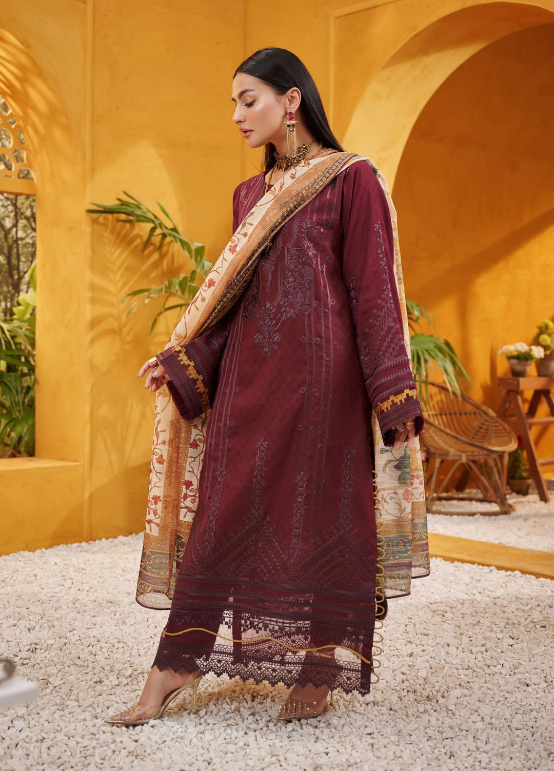 Dhanak Embroidered Lawn Suits Unstitched 3 Piece DU-3091 MAROON - Luxury Collection
