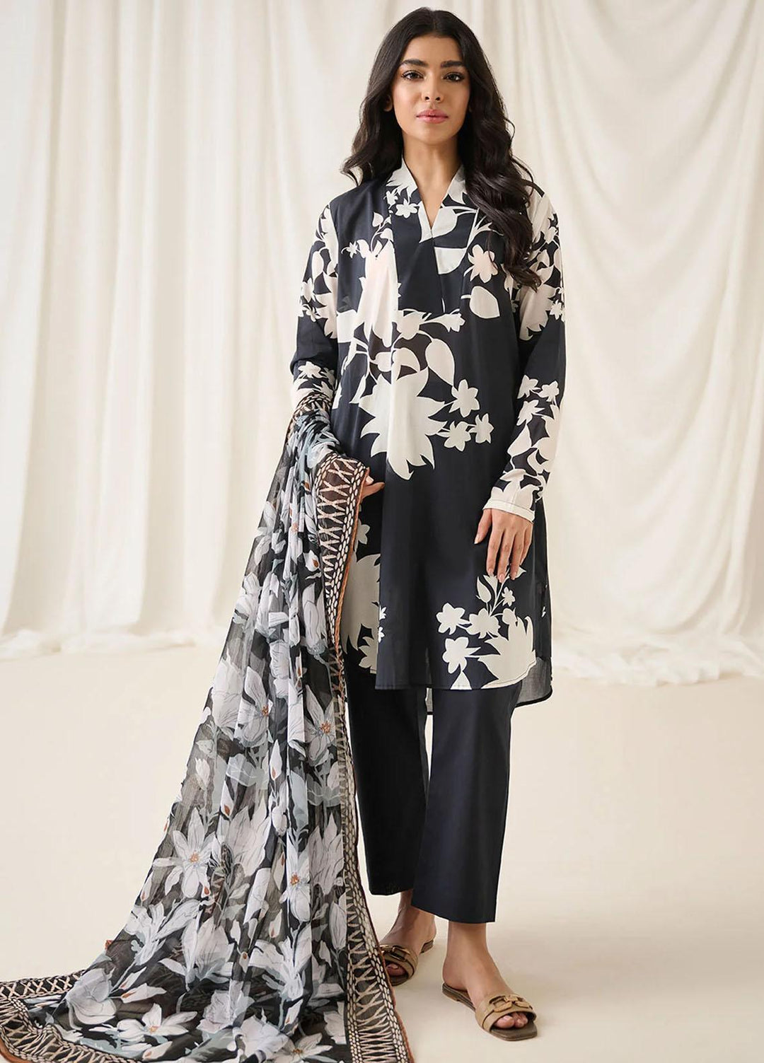 Dhanak Printed Lawn Suits Unstitched 3 Piece DHK23BWU DU-3156 BLACK - Summer Collection