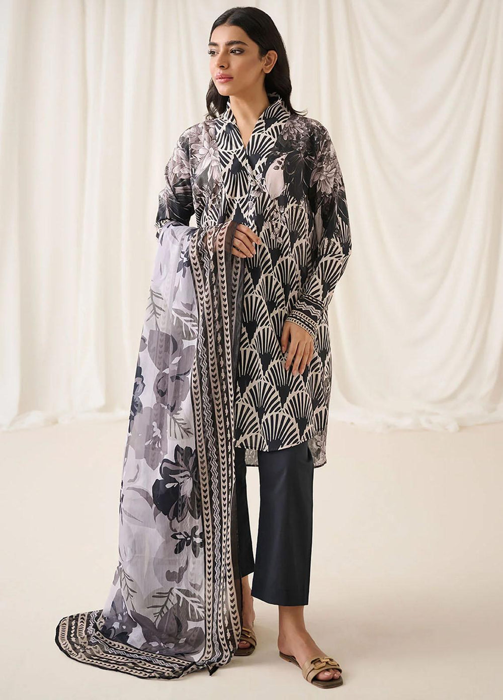 Dhanak Printed Lawn Suits Unstitched 3 Piece DHK23BWU DU-3158 BLACK - Summer Collection