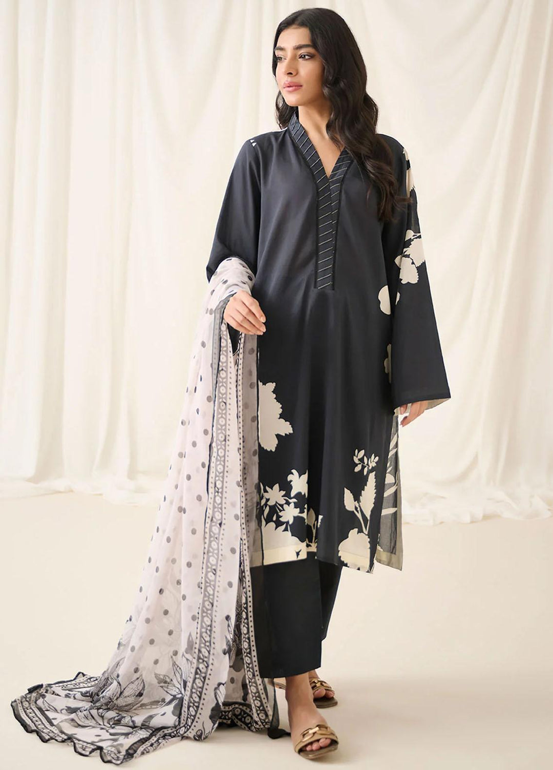 Dhanak Printed Lawn Suits Unstitched 3 Piece DHK23BWU DU-3159 BLACK - Summer Collection