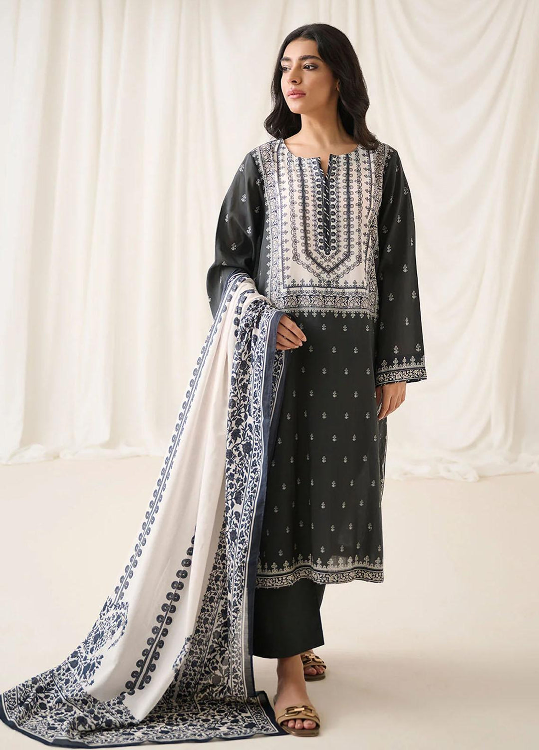 Dhanak Printed Lawn Suits Unstitched 3 Piece DHK23BWU DU-3160 BLACK - Summer Collection