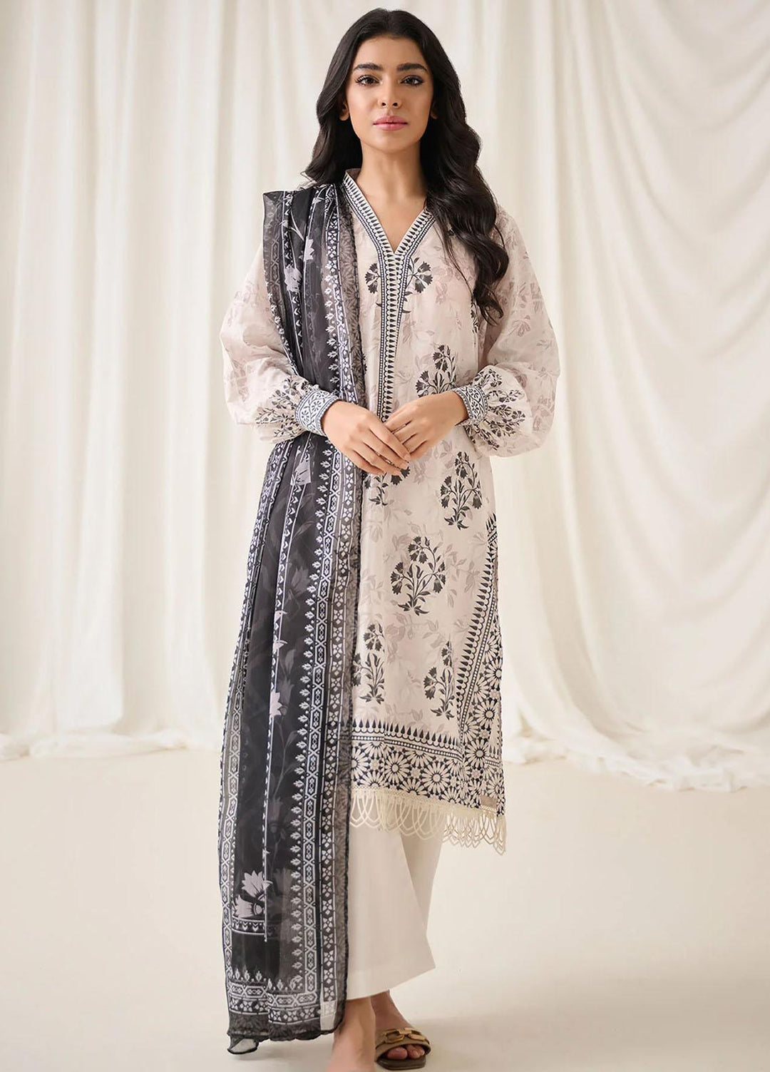 Dhanak Printed Lawn Suits Unstitched 3 Piece DHK23BWU DU-3164 OFF-WHITE - Summer Collection