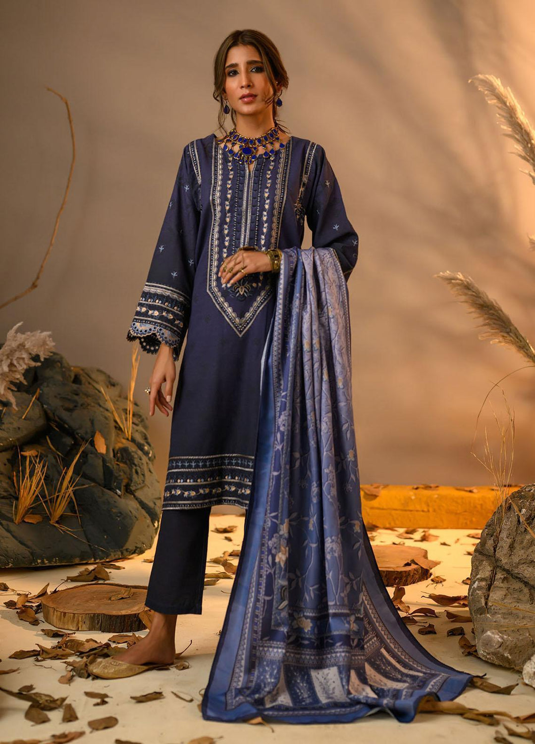 Winter Tales By Dhanak Embroidered Khaddar Suits Unstitched 3 Piece DK22WT DU-3112 NAVY BLUE - Winter Collection