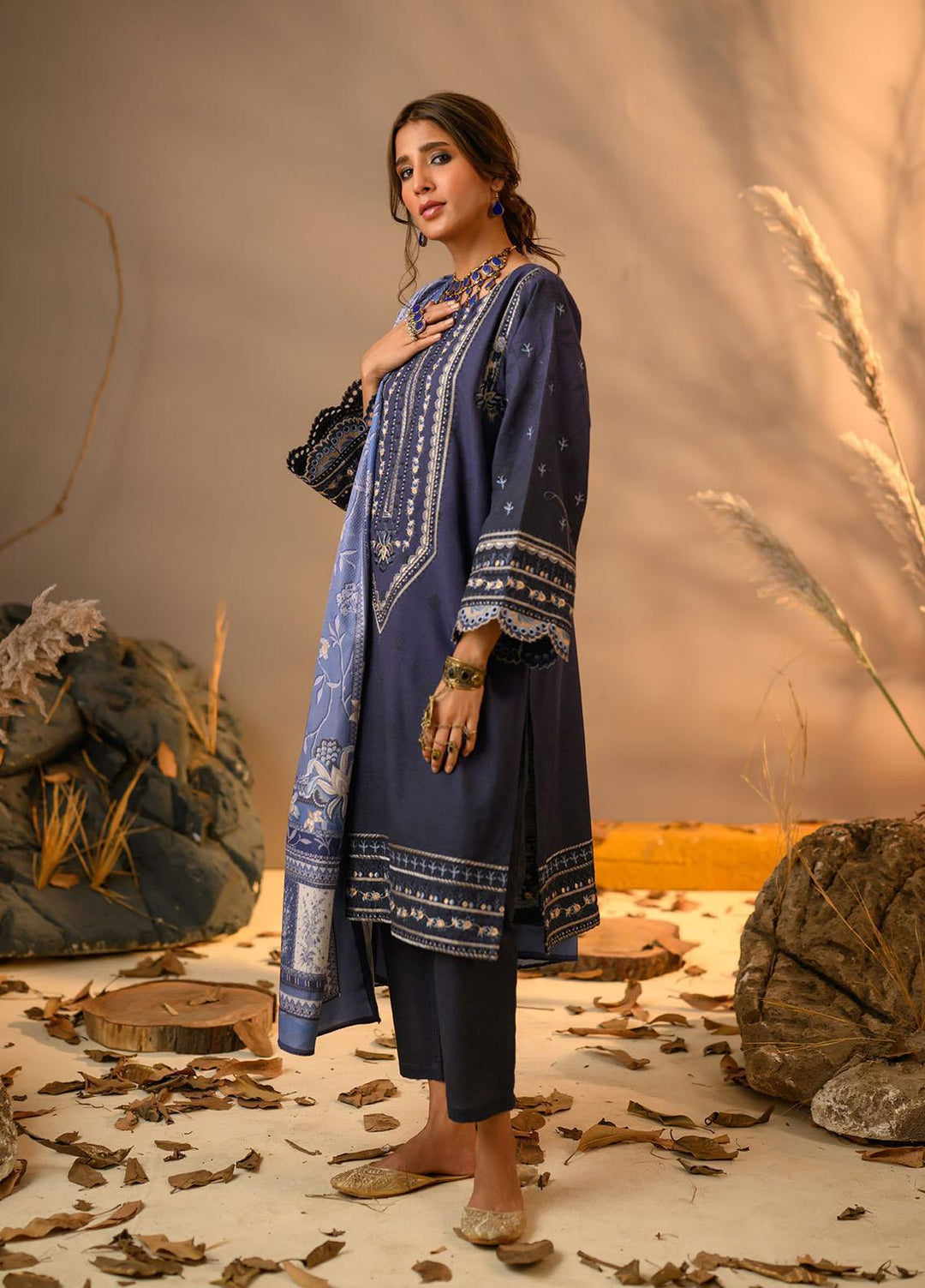 Winter Tales By Dhanak Embroidered Khaddar Suits Unstitched 3 Piece DK22WT DU-3112 NAVY BLUE - Winter Collection