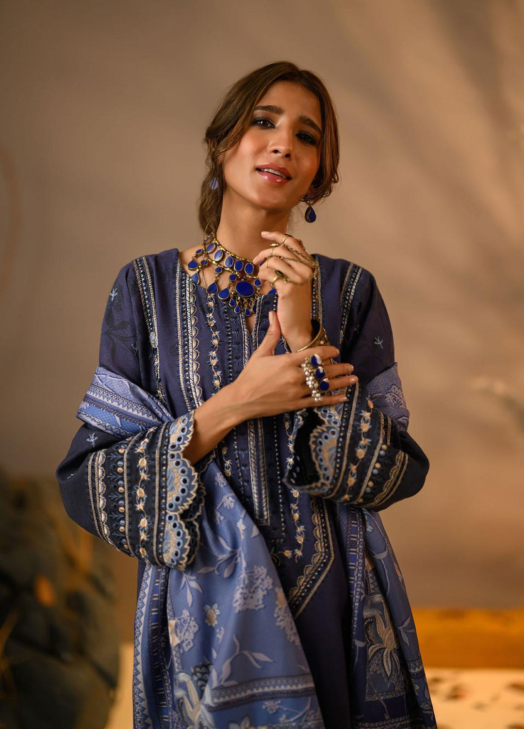 Winter Tales By Dhanak Embroidered Khaddar Suits Unstitched 3 Piece DK22WT DU-3112 NAVY BLUE - Winter Collection