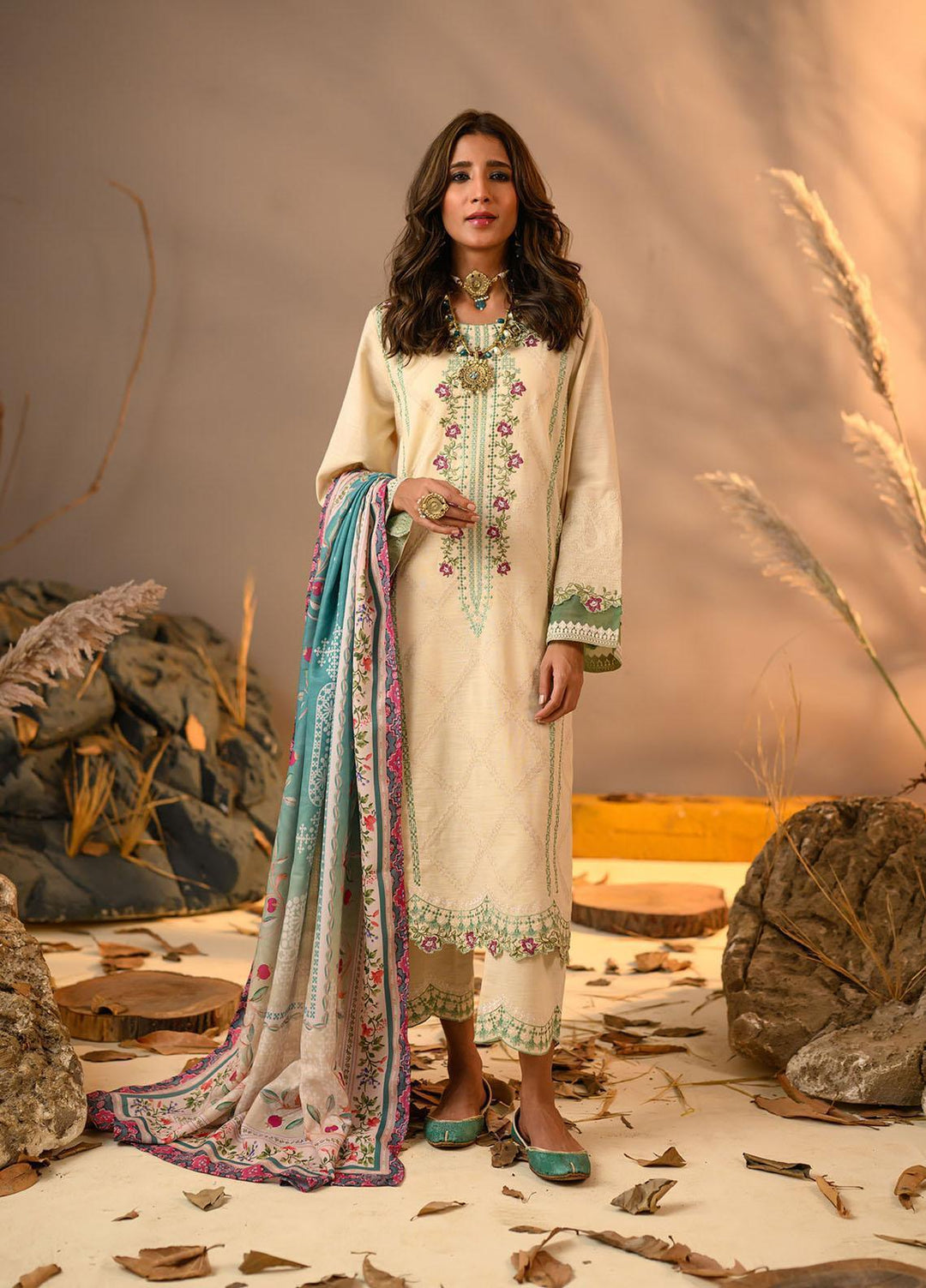 Winter Tales By Dhanak Embroidered Khaddar Suits Unstitched 3 Piece DK22WT DU-3114 OFF WHITE - Winter Collection