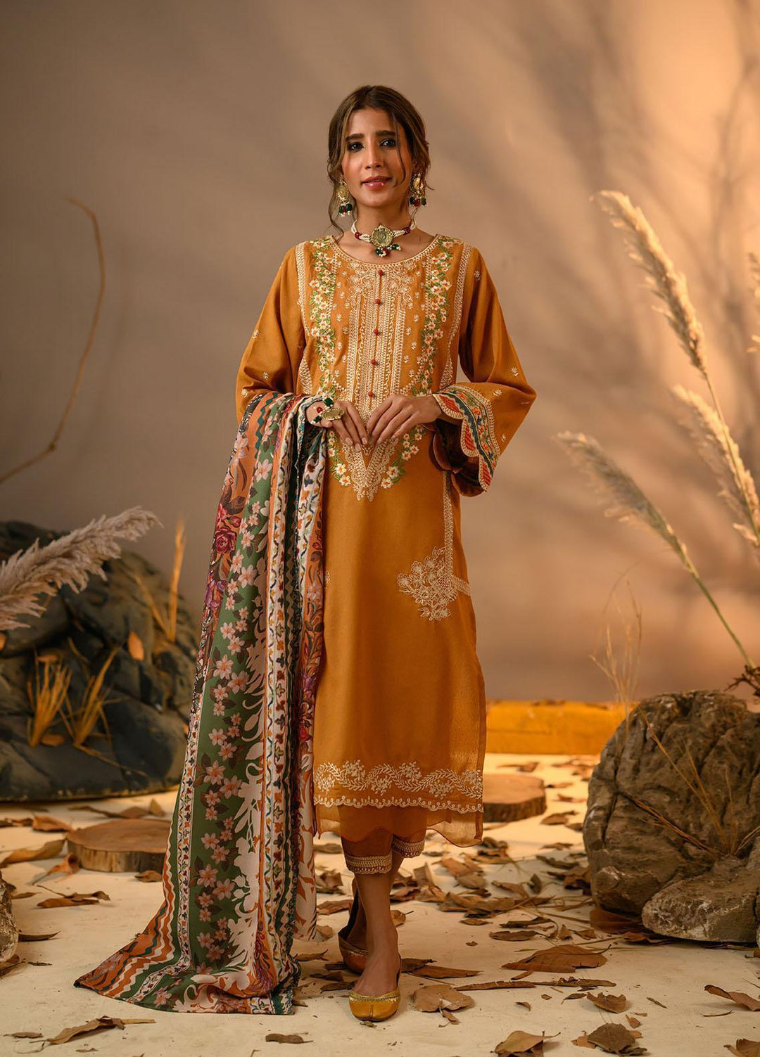 Winter Tales By Dhanak Embroidered Karandi Suits Unstitched 3 Piece DK22WT DU-3117 MUSTARD - Winter Collection