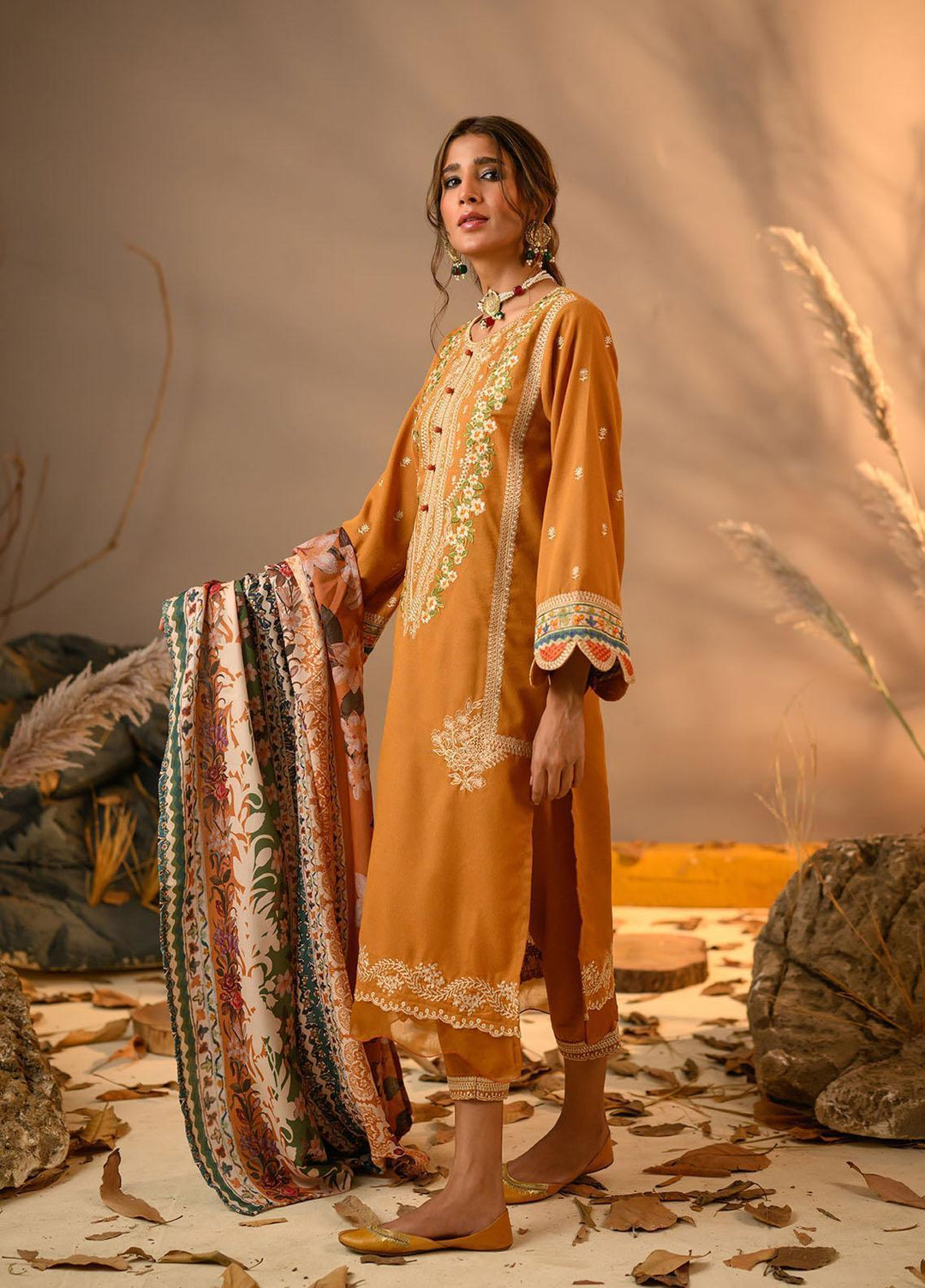 Winter Tales By Dhanak Embroidered Karandi Suits Unstitched 3 Piece DK22WT DU-3117 MUSTARD - Winter Collection
