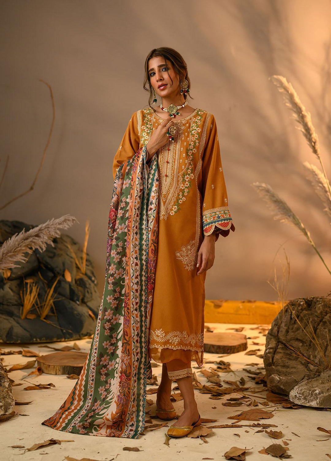 Winter Tales By Dhanak Embroidered Karandi Suits Unstitched 3 Piece DK22WT DU-3117 MUSTARD - Winter Collection