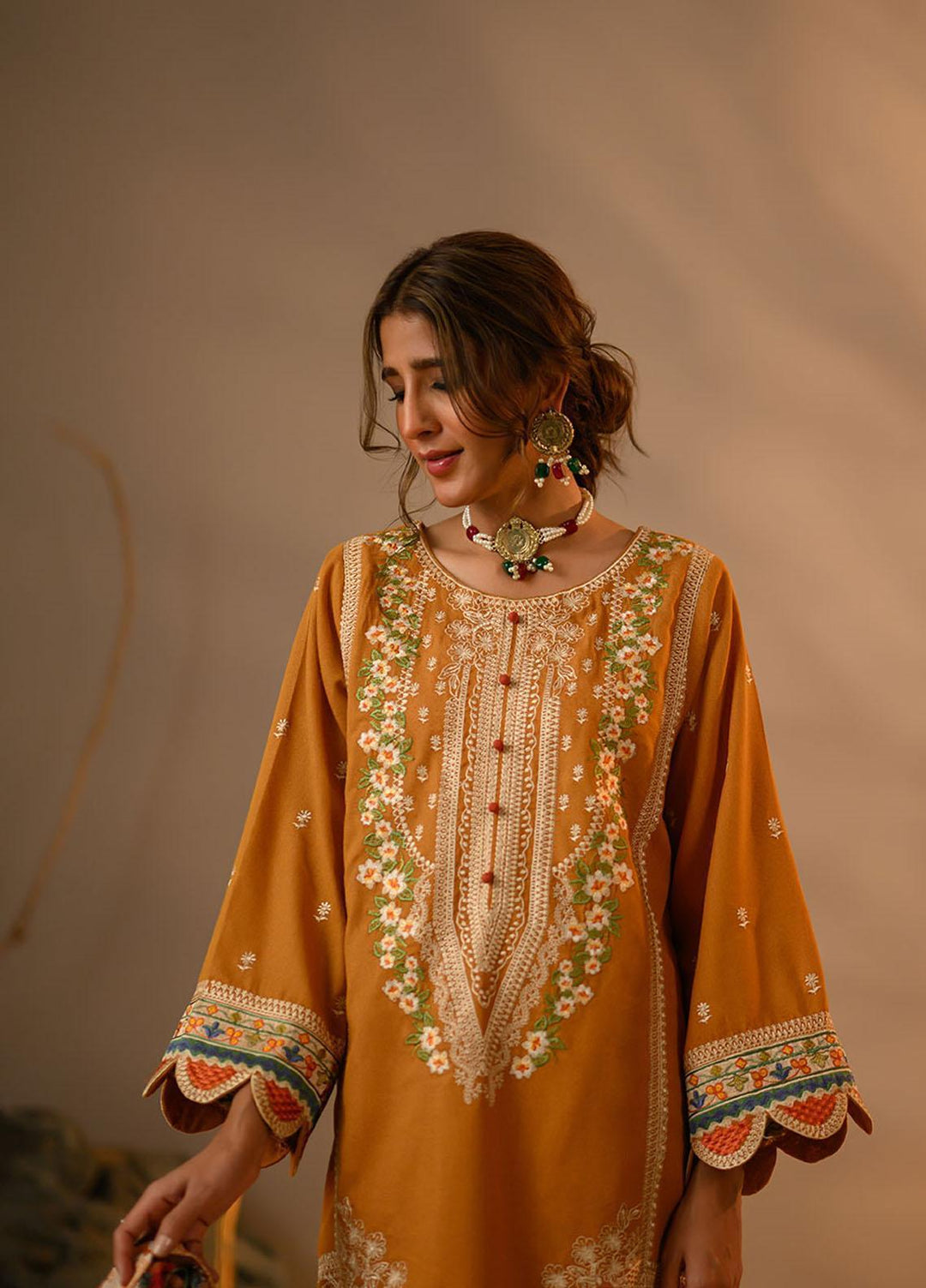 Winter Tales By Dhanak Embroidered Karandi Suits Unstitched 3 Piece DK22WT DU-3117 MUSTARD - Winter Collection