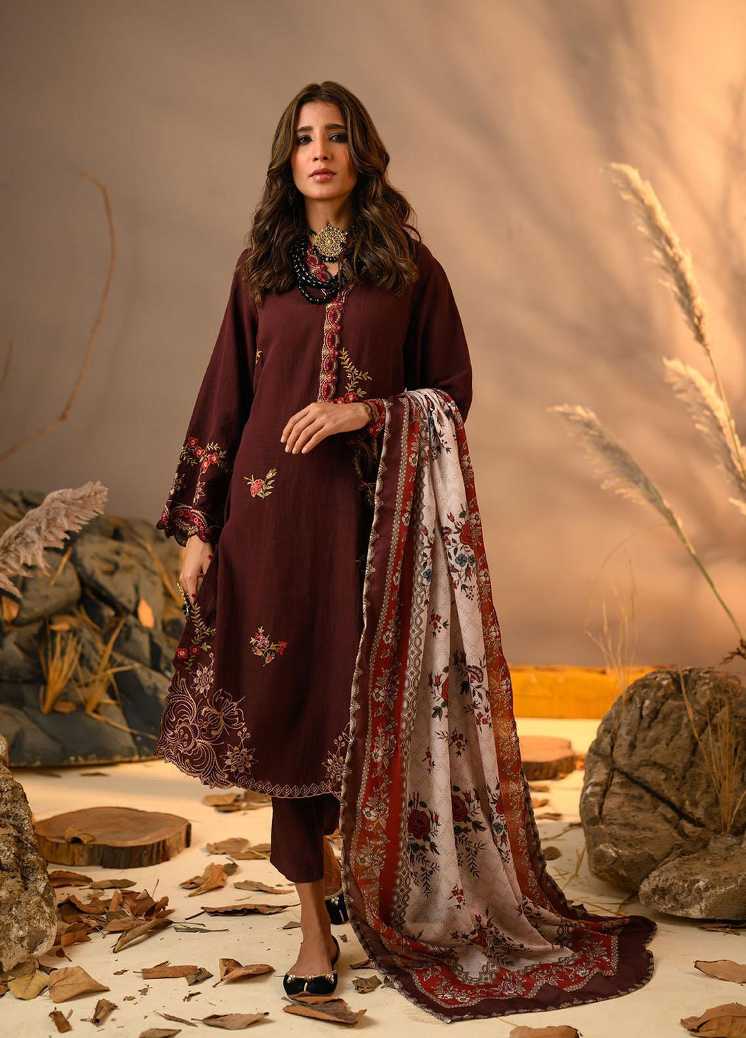Winter Tales By Dhanak Embroidered Karandi Suits Unstitched 3 Piece DK22WT DU-3118 MAROON - Winter Collection