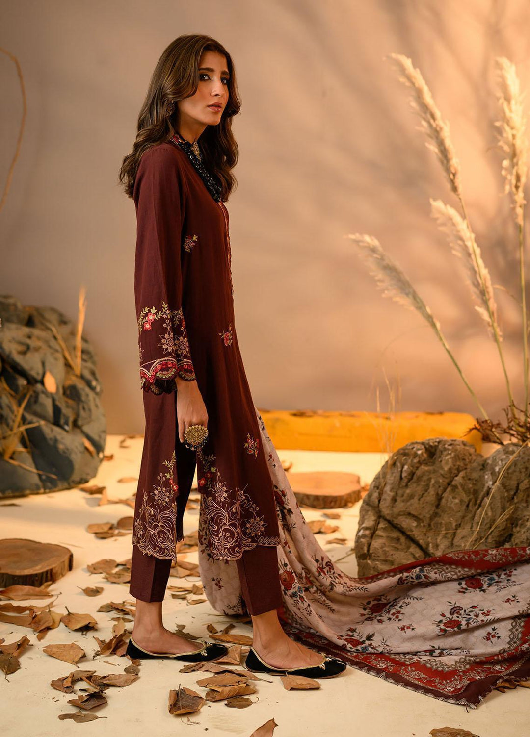 Winter Tales By Dhanak Embroidered Karandi Suits Unstitched 3 Piece DK22WT DU-3118 MAROON - Winter Collection