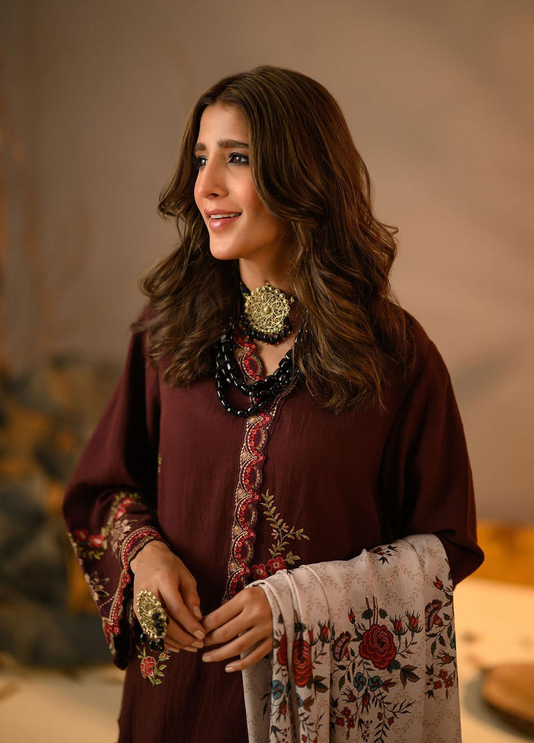 Winter Tales By Dhanak Embroidered Karandi Suits Unstitched 3 Piece DK22WT DU-3118 MAROON - Winter Collection