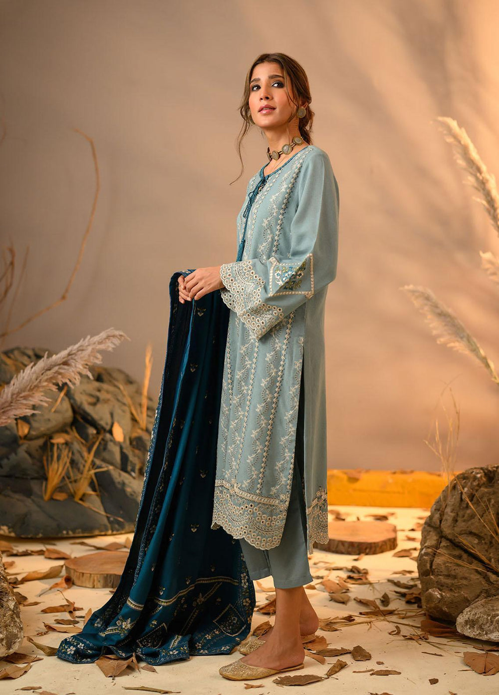 Winter Tales By Dhanak Embroidered Karandi Suits Unstitched 3 Piece DK22WT DU-3119 BLUE - Winter Collection