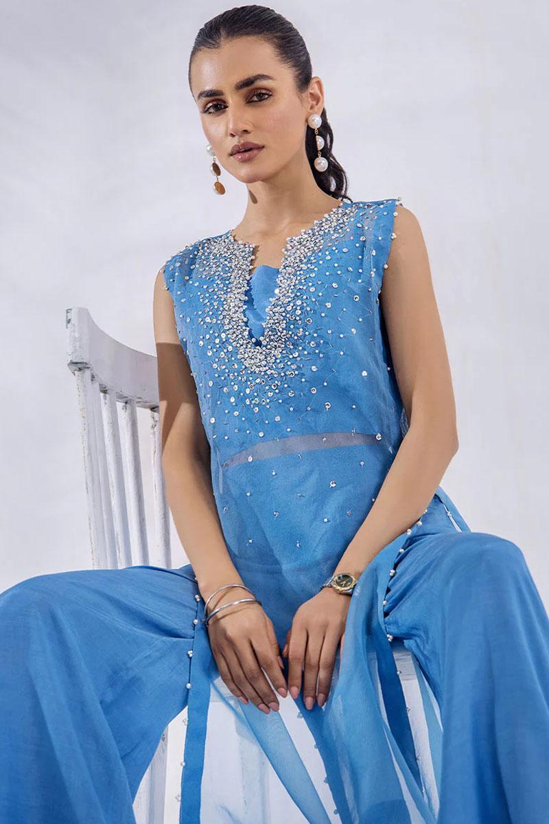 Malook By Shazia Ovais Pret Embroidered Organza Dress MLK23D Tranquil Blue