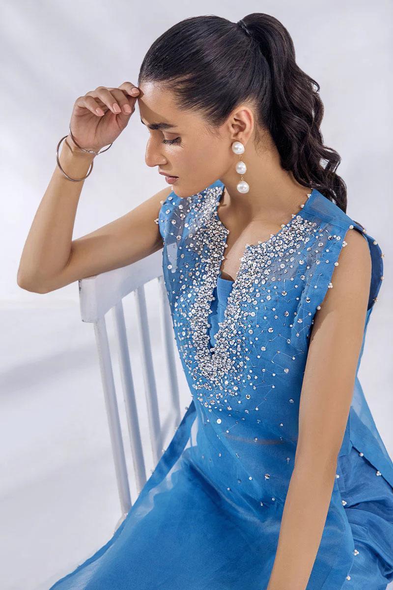 Malook By Shazia Ovais Pret Embroidered Organza Dress MLK23D Tranquil Blue