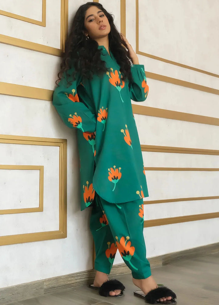 Dreamy Garden By Dhaga Pret Printed Dhaga 2 Piece Suit Pea Green