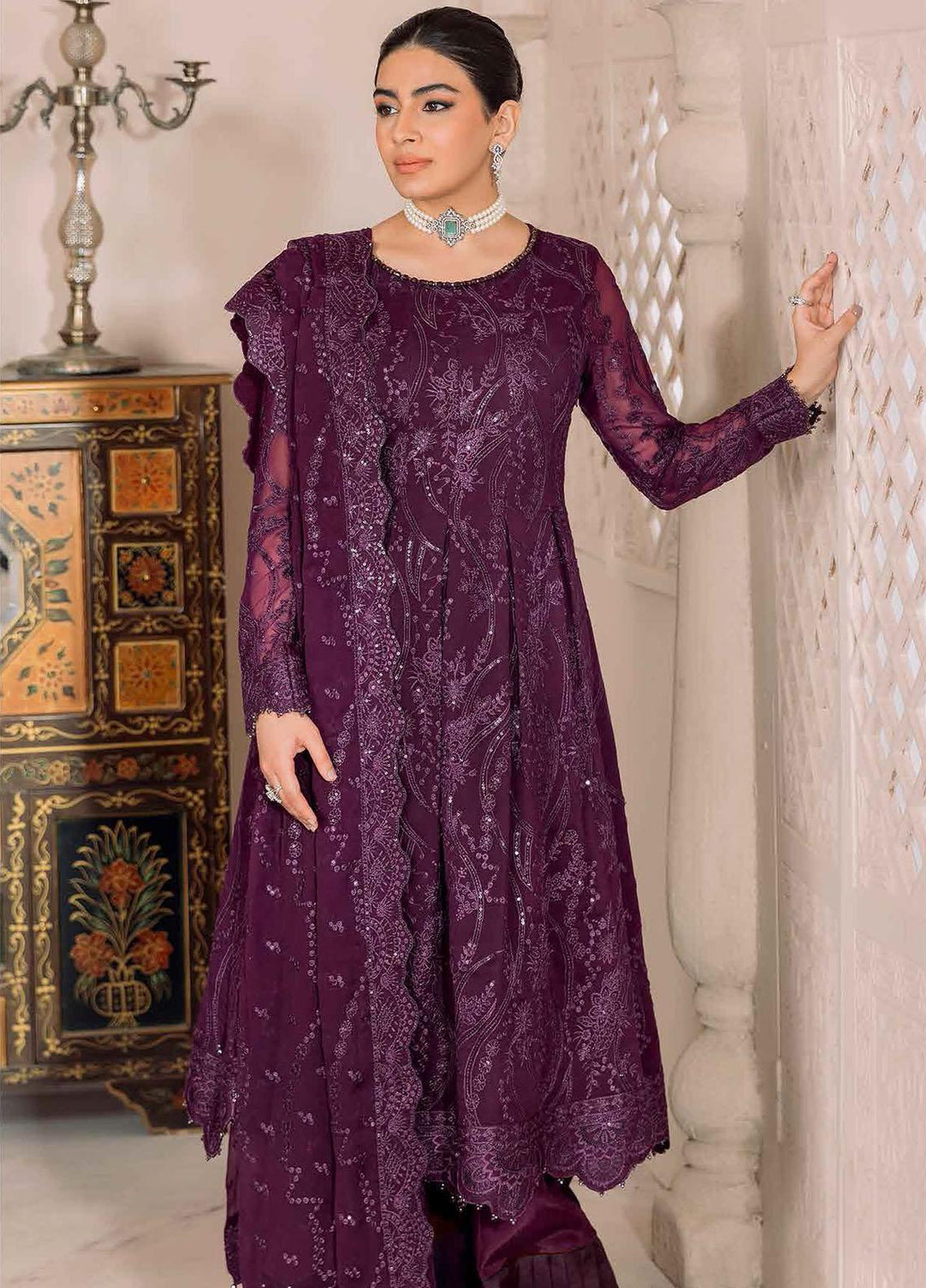 Dua By Alizeh Fashion Embroidered Chiffon Suits Unstitched 3 Piece AFB23DU D-3A Sylvi - Festive Collection