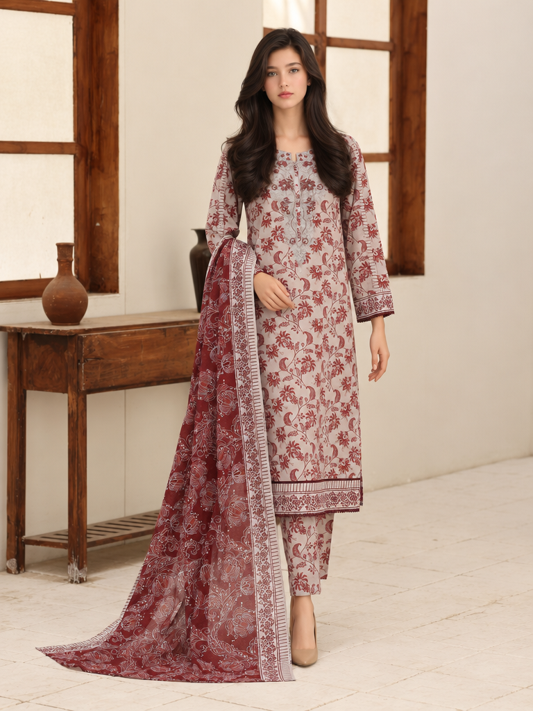 Identic by HZ Textiles Unstitched Embroidered Cotton 3 Piece Suit HZ26UCI PDW-3329-D - Casual Collection
