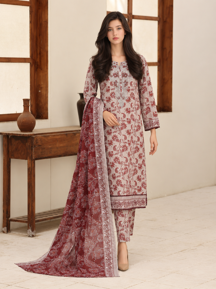Identic by HZ Textiles Unstitched Embroidered Cotton 3 Piece Suit HZ26UCI PDW-3329-D - Casual Collection