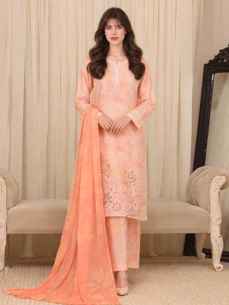 Majestic by HZ Textiles RTW Embroidered Raw Silk 3 Piece Suit HZ26RSM Salmon XRPE-3P-002 - Casual Collection