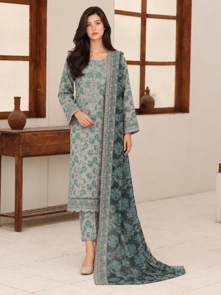 Identic by HZ Textiles Unstitched Embroidered Cotton 3 Piece Suit HZ26UCI PDW 3329-B - Casual Collection