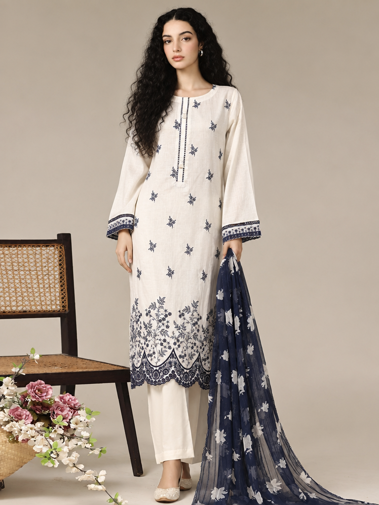 HZ Textiles RTW Chikankari Lawn 3 Piece Suit HZ26PCL IVORY SBE-3P-071 - Casual Collection
