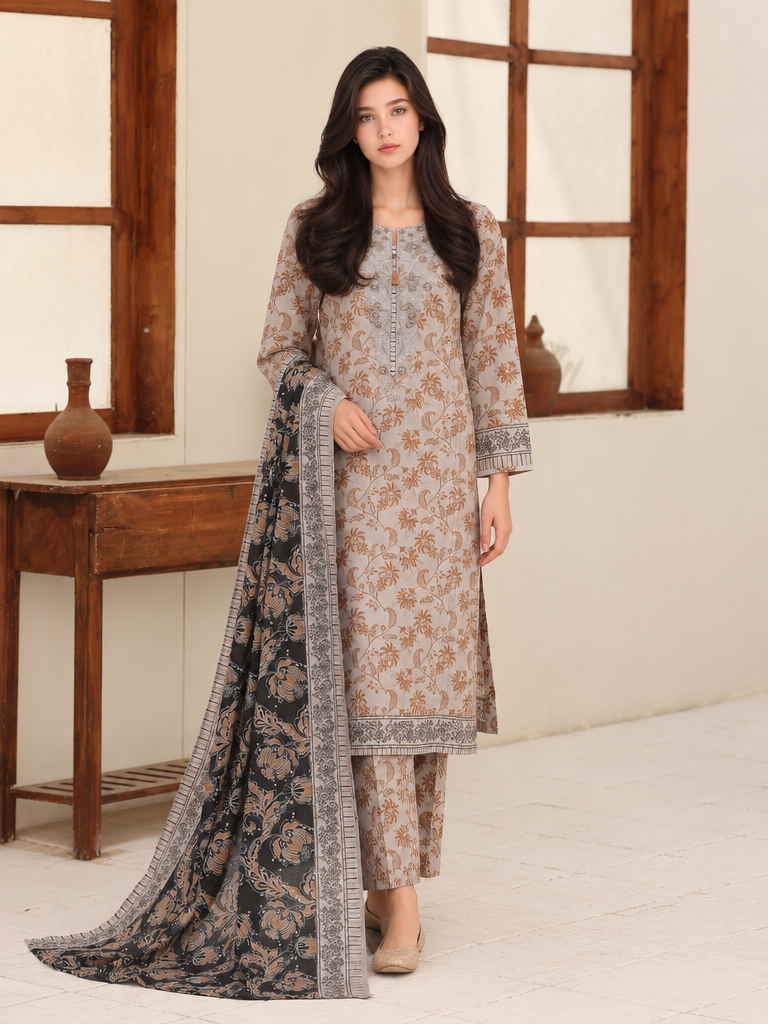 Identic by HZ Textiles Unstitched Embroidered Cotton 3 Piece Suit HZ26UCI PDW-3329-C - Casual Collection