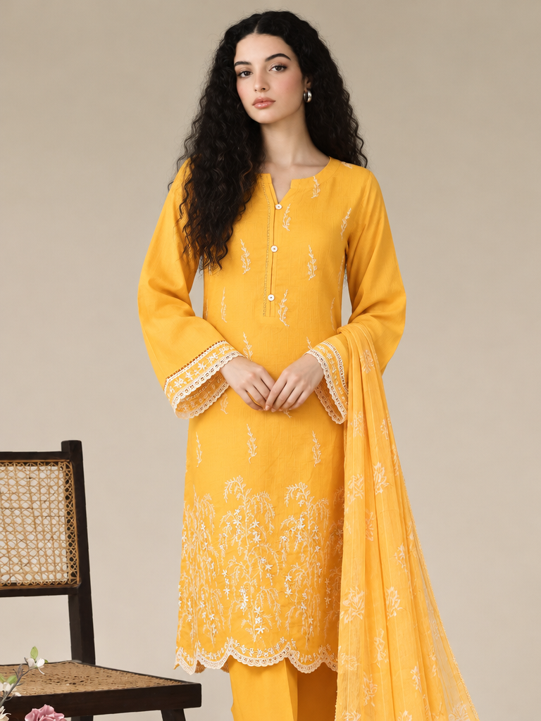 HZ Textiles RTW Chikankari Lawn 3 Piece Suit HZ26PCL SUNFLOWER SBE-3P-078 - Casual Collection