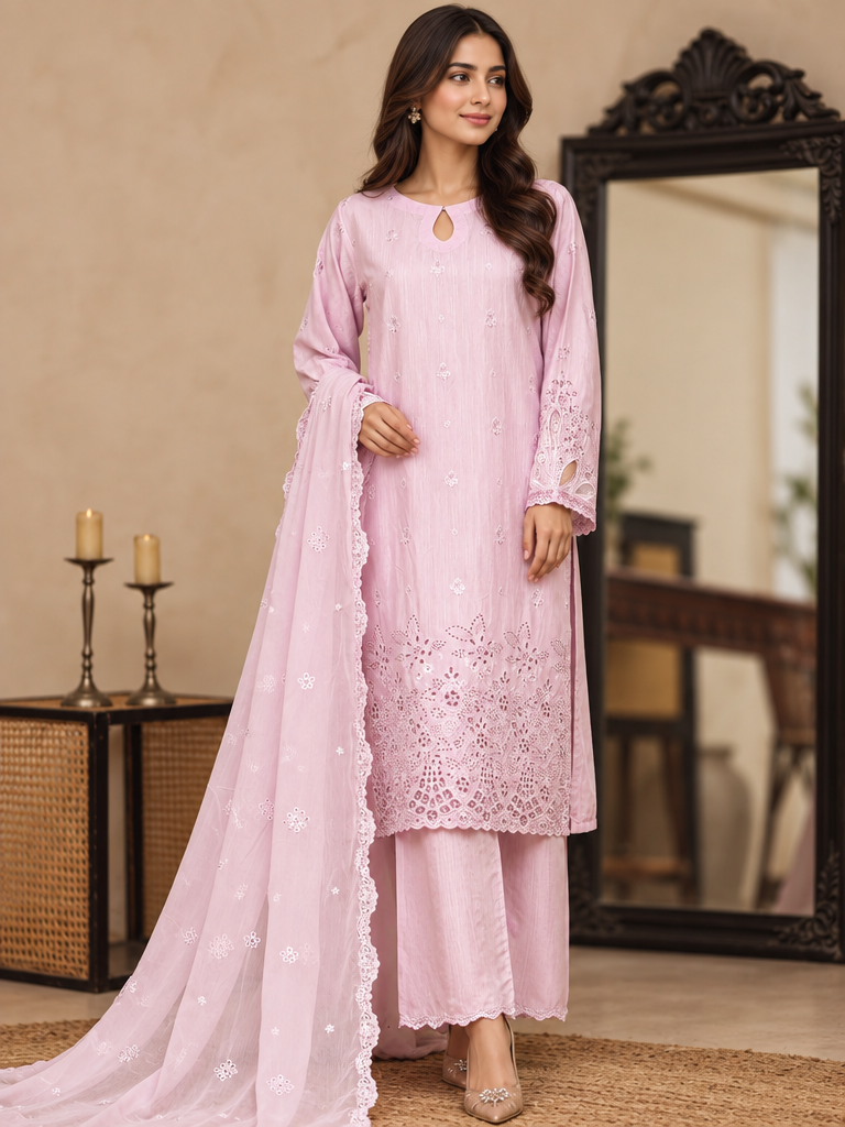 Majestic Silk by HZ Textiles RTW Embroidered Raw Silk 3 Piece Suit HZ26RMS RDE-3P-005 Lavender - Festive Collection