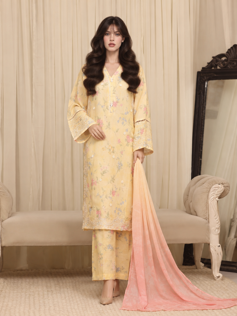 Majestic by HZ Textiles RTW Embroidered Raw Silk 3 Piece Suit HZ26RSM Buttermilk XRPE-3P-006 - Casual Collection