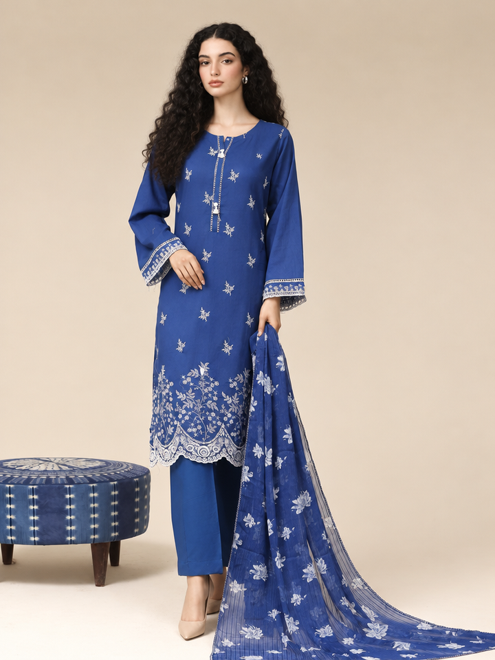 HZ Textiles RTW Chikankari Lawn 3 Piece Suit HZ26PCL NIGHT BLUE SBE-3P-072 - Casual Collection